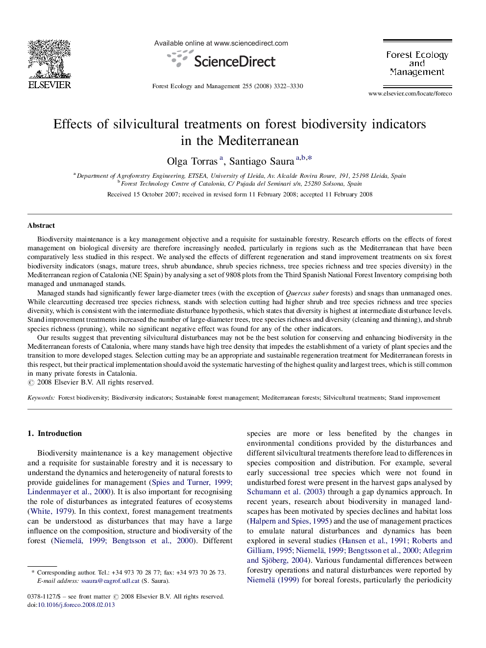 Effects of silvicultural treatments on forest biodiversity indicators in the Mediterranean