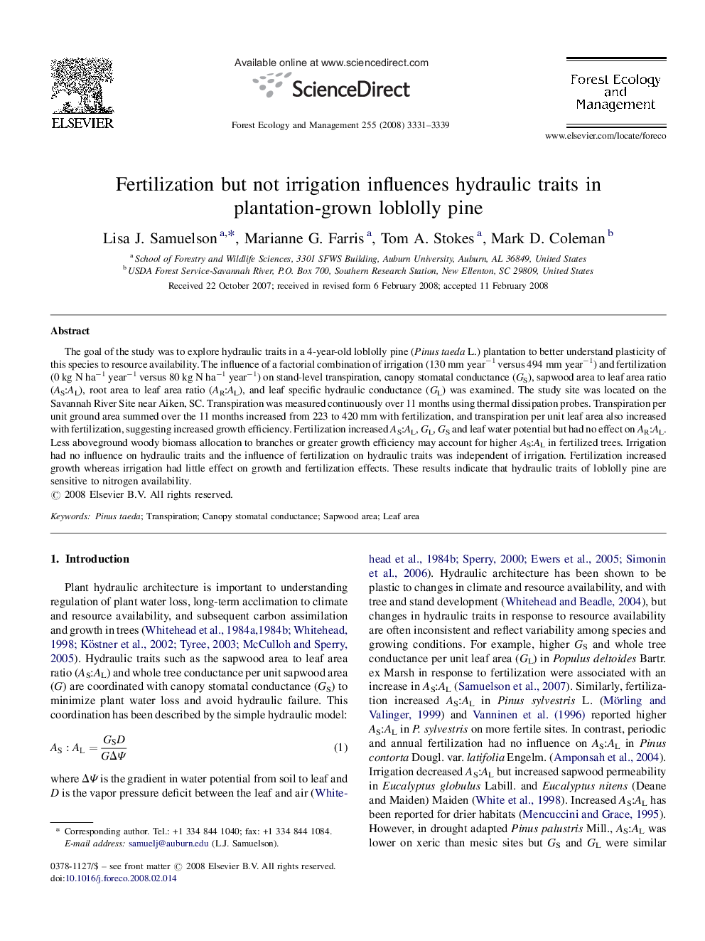 Fertilization but not irrigation influences hydraulic traits in plantation-grown loblolly pine