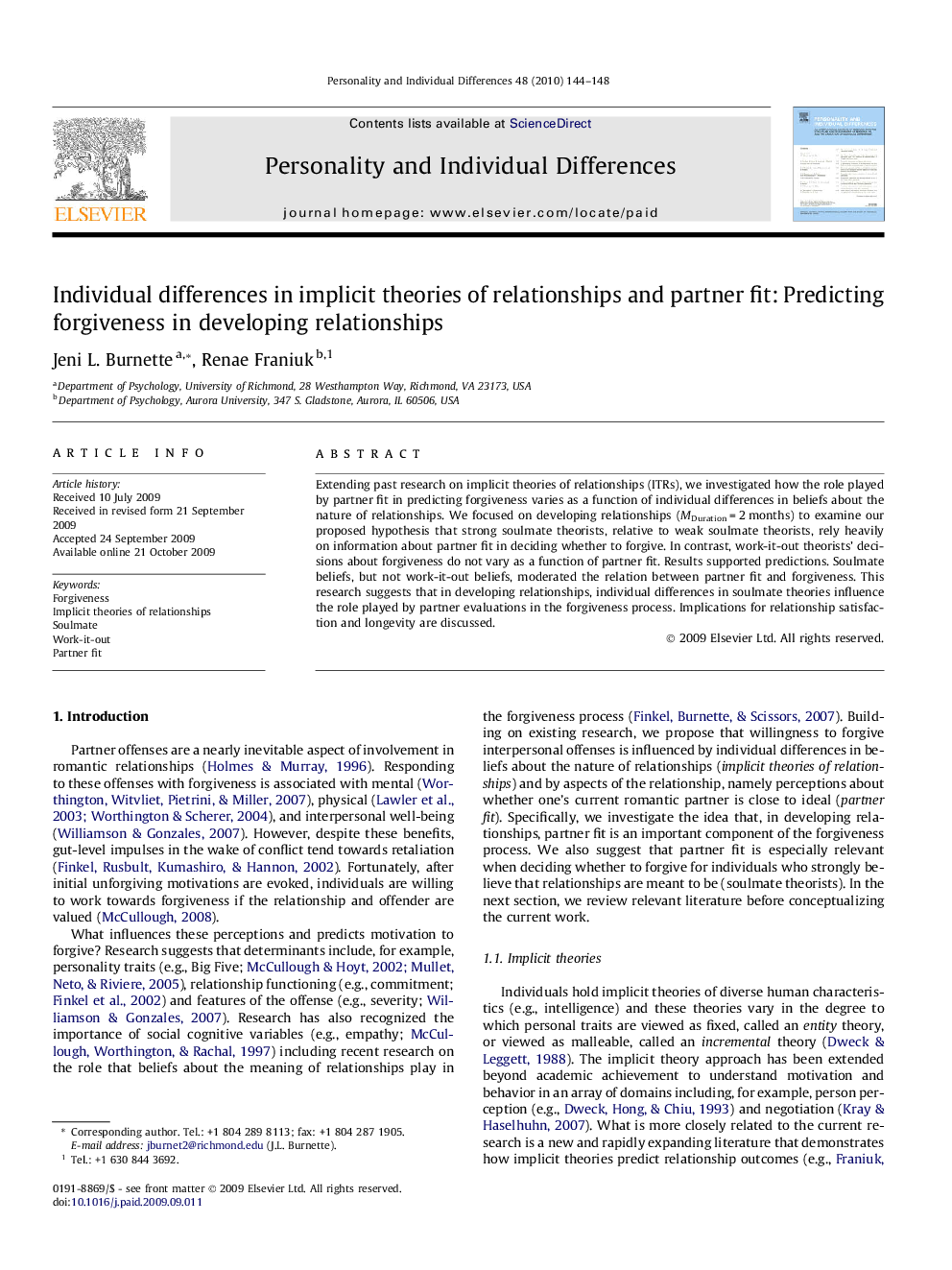 Individual differences in implicit theories of relationships and partner fit: Predicting forgiveness in developing relationships