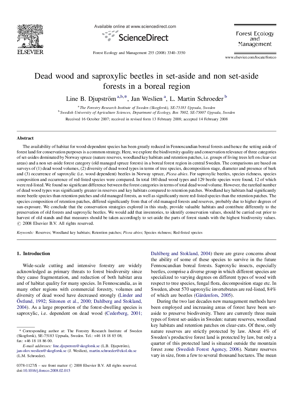 Dead wood and saproxylic beetles in set-aside and non set-aside forests in a boreal region