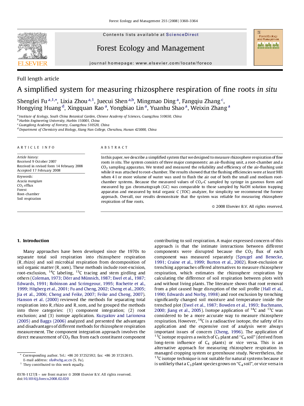 A simplified system for measuring rhizosphere respiration of fine roots in situ