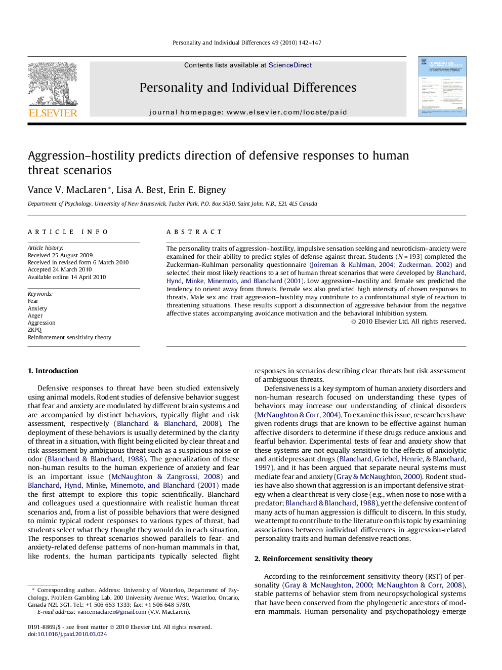 Aggression–hostility predicts direction of defensive responses to human threat scenarios