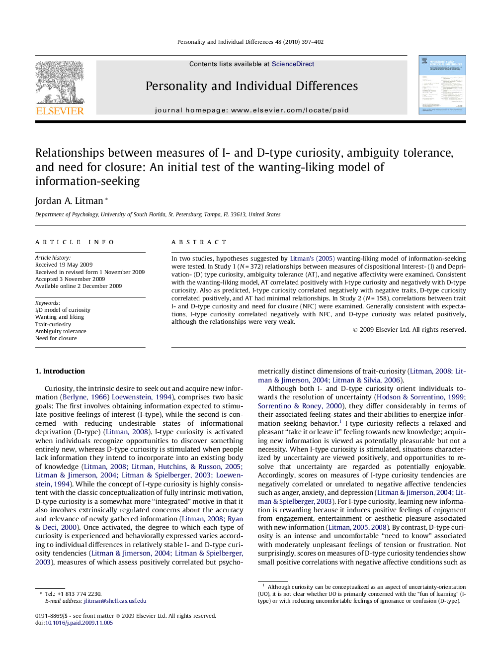 Relationships between measures of I- and D-type curiosity, ambiguity tolerance, and need for closure: An initial test of the wanting-liking model of information-seeking