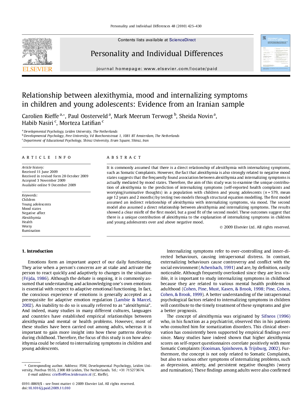 Relationship between alexithymia, mood and internalizing symptoms in children and young adolescents: Evidence from an Iranian sample