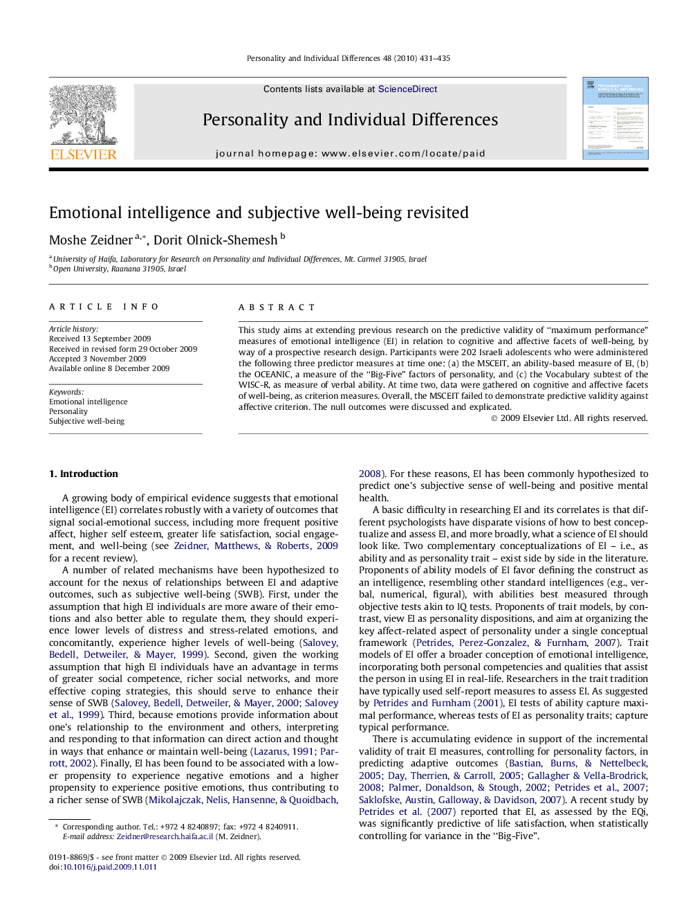 Emotional intelligence and subjective well-being revisited