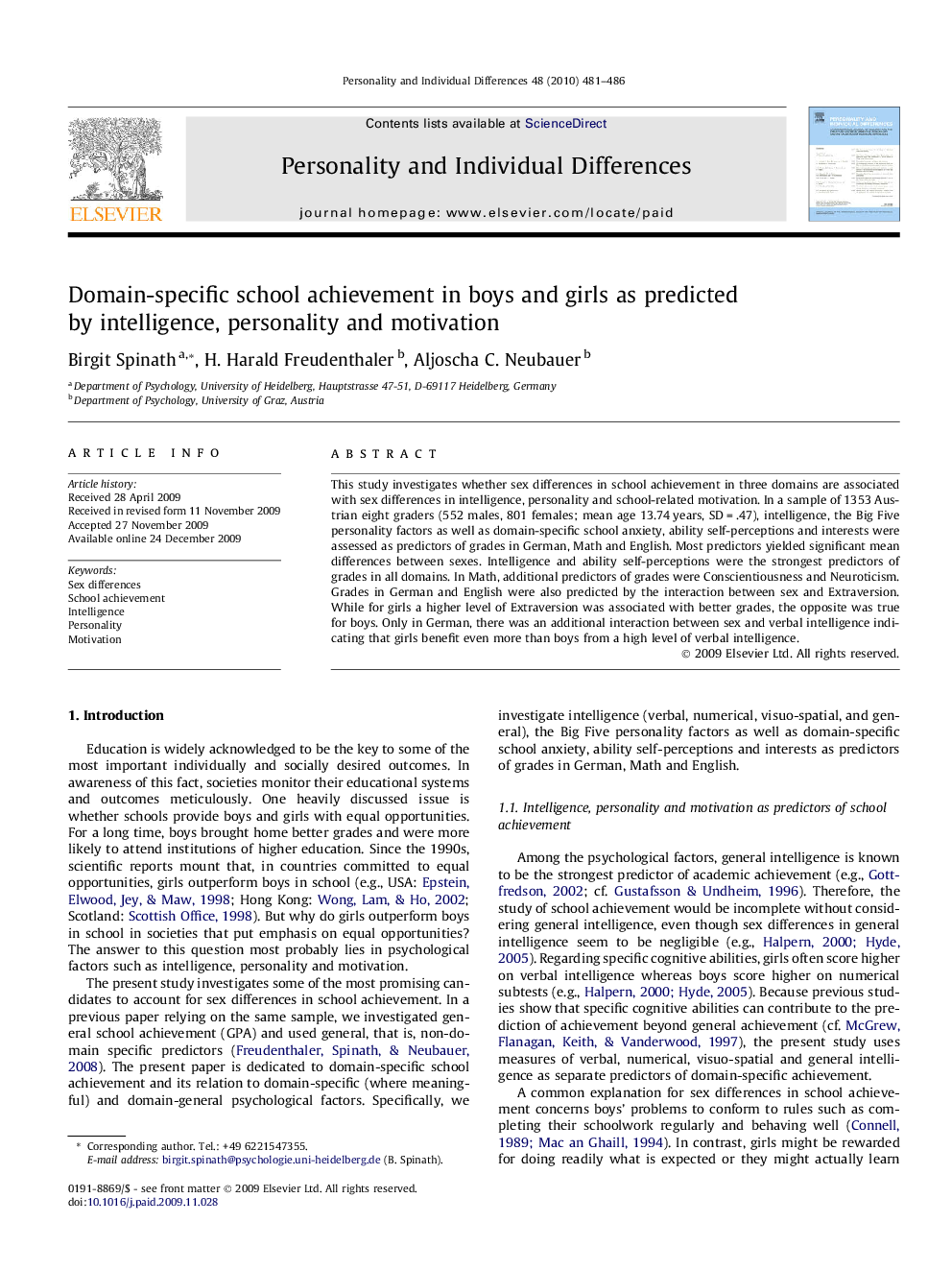 Domain-specific school achievement in boys and girls as predicted by intelligence, personality and motivation