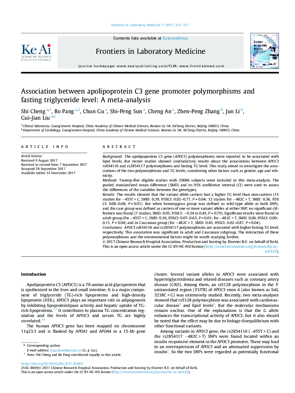 Association between apolipoprotein C3 gene promoter polymorphisms and fasting triglyceride level: A meta-analysis
