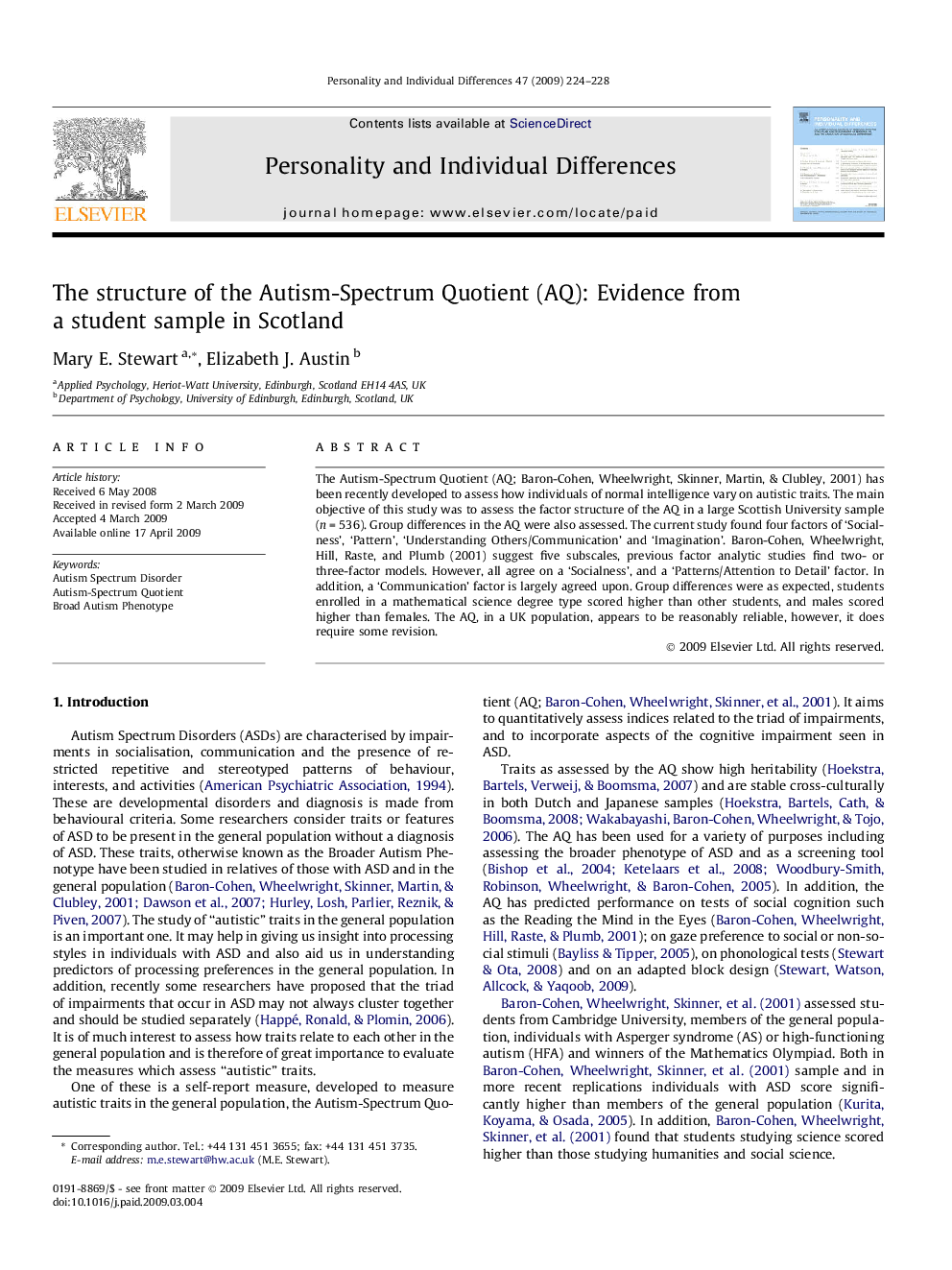 The structure of the Autism-Spectrum Quotient (AQ): Evidence from a student sample in Scotland