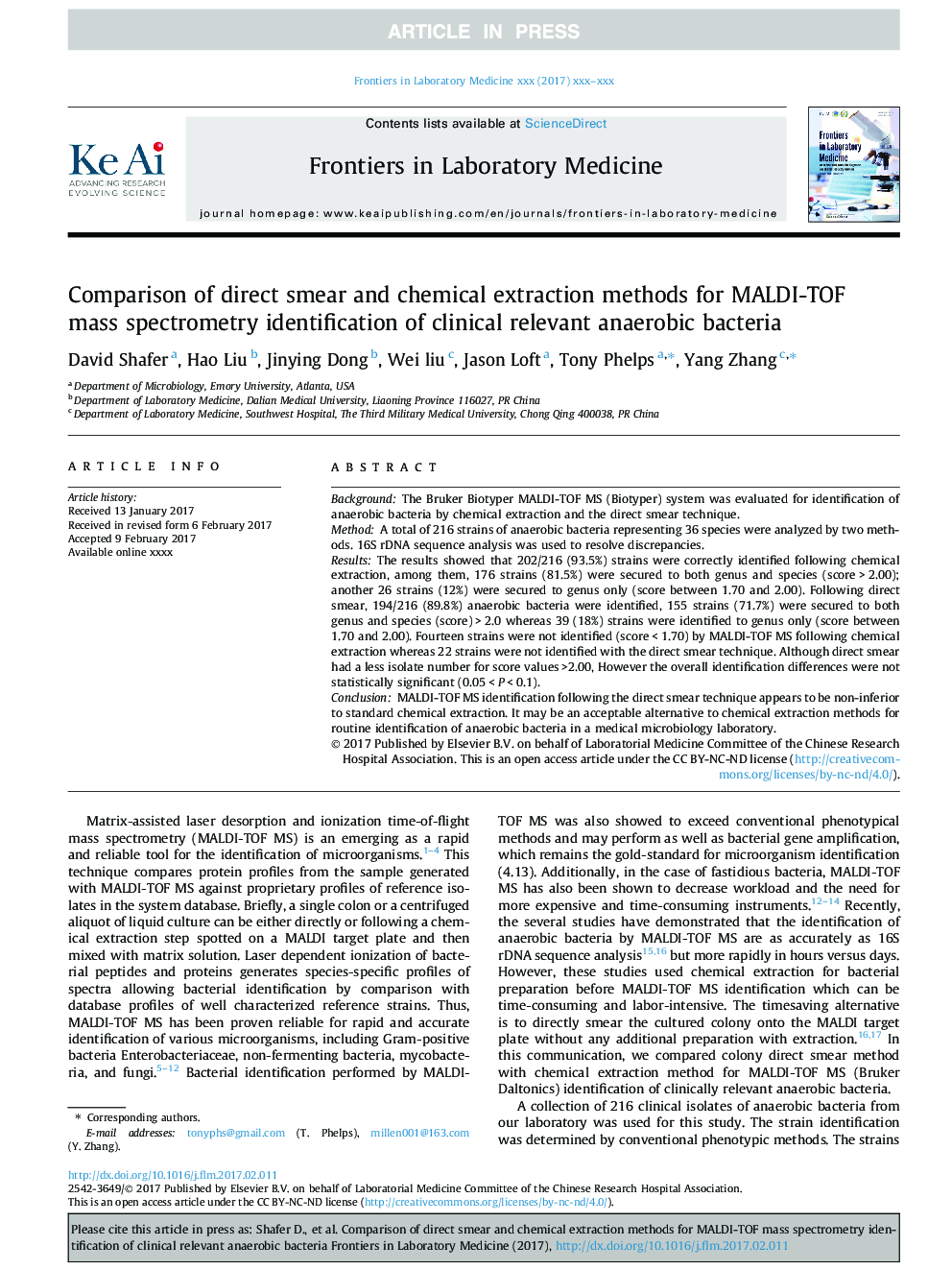 Comparison of direct smear and chemical extraction methods for MALDI-TOF mass spectrometry identification of clinical relevant anaerobic bacteria