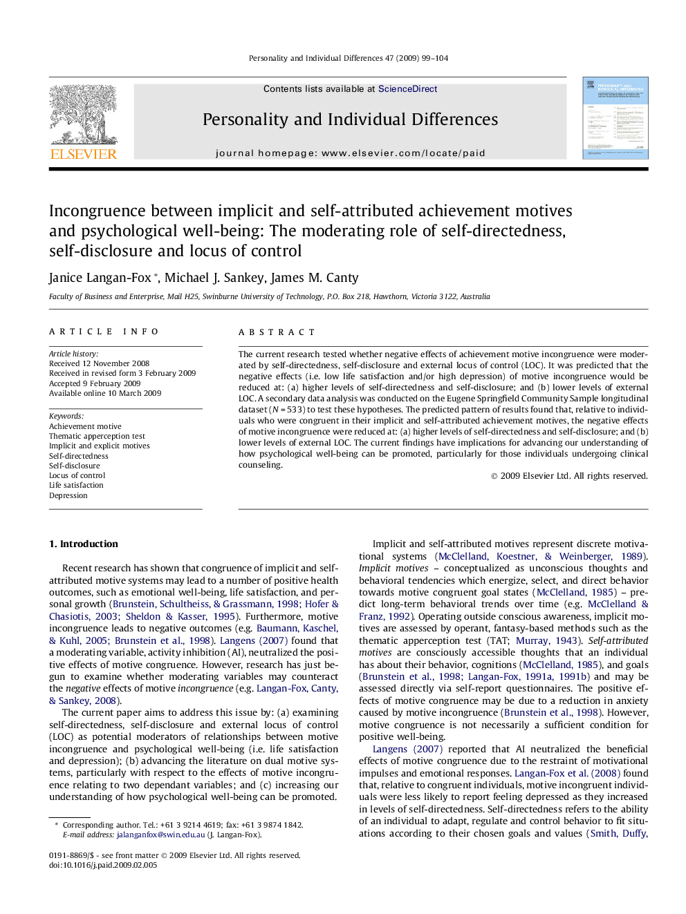 Incongruence between implicit and self-attributed achievement motives and psychological well-being: The moderating role of self-directedness, self-disclosure and locus of control