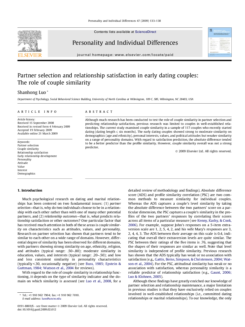 Partner selection and relationship satisfaction in early dating couples: The role of couple similarity