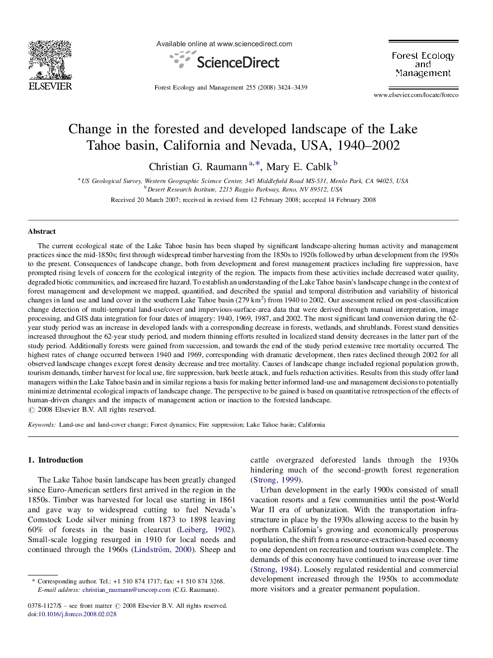 Change in the forested and developed landscape of the Lake Tahoe basin, California and Nevada, USA, 1940–2002