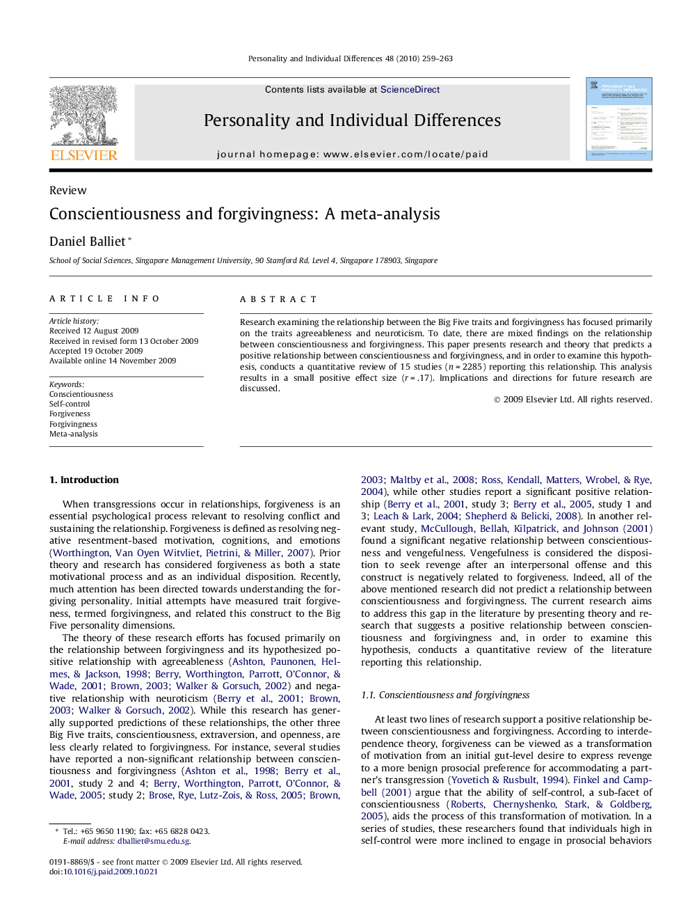 Conscientiousness and forgivingness: A meta-analysis