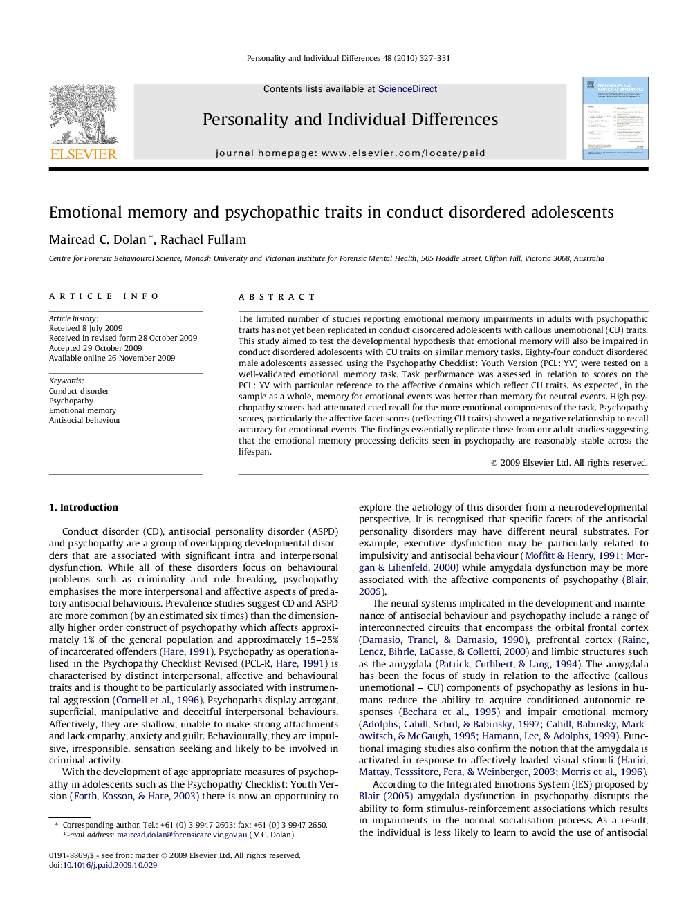 Emotional memory and psychopathic traits in conduct disordered adolescents