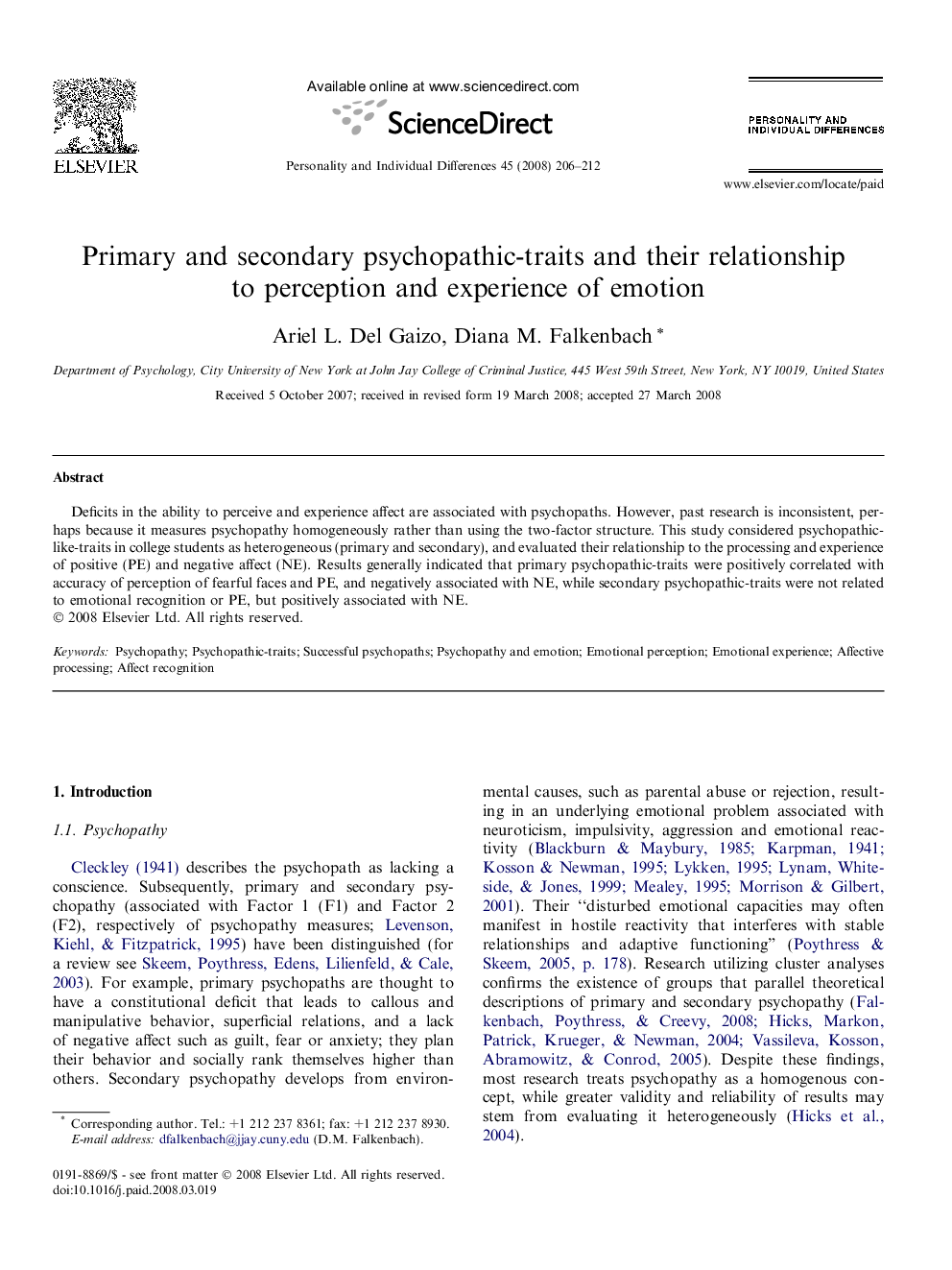 Primary and secondary psychopathic-traits and their relationship to perception and experience of emotion