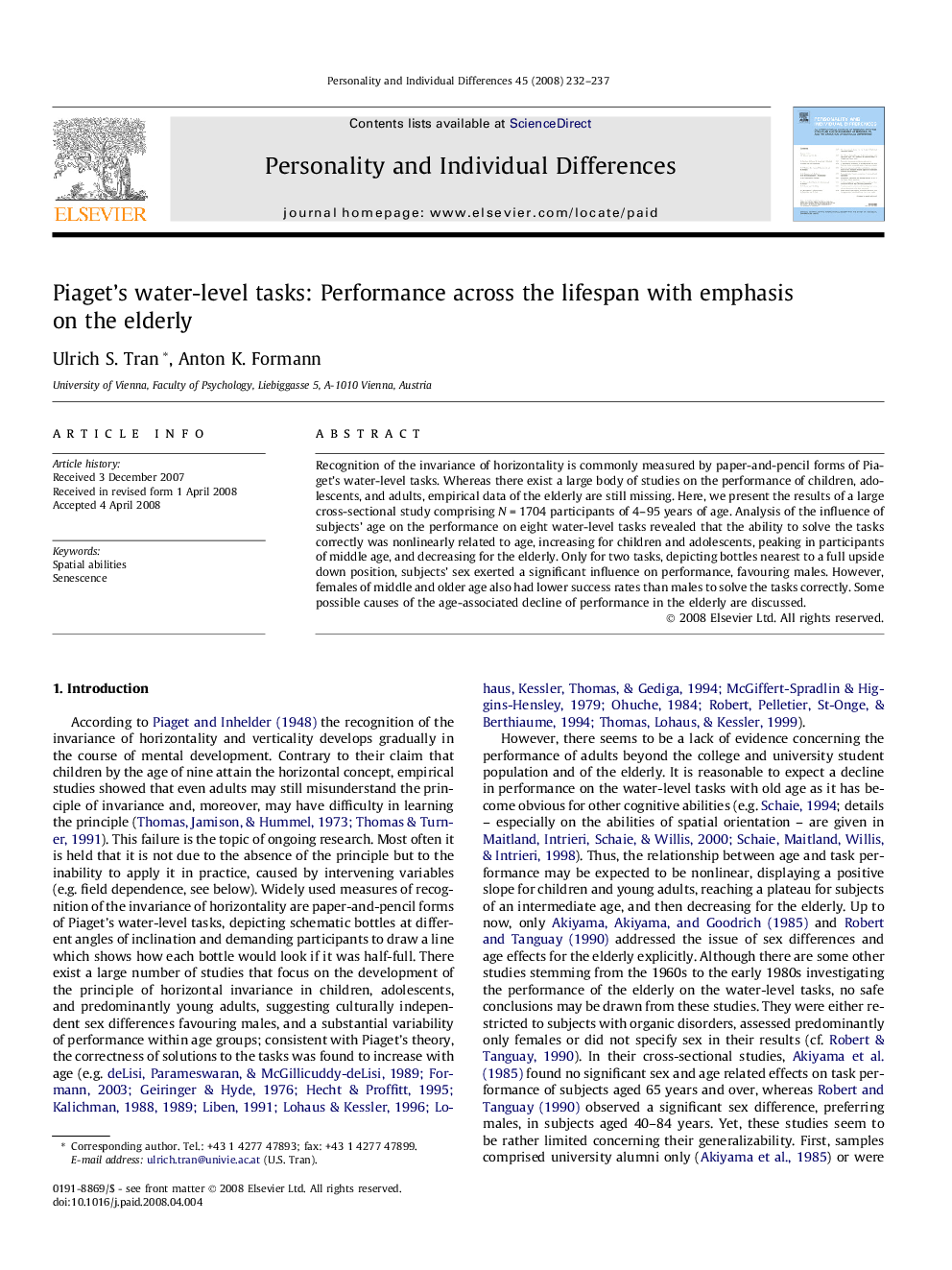 Piaget’s water-level tasks: Performance across the lifespan with emphasis on the elderly