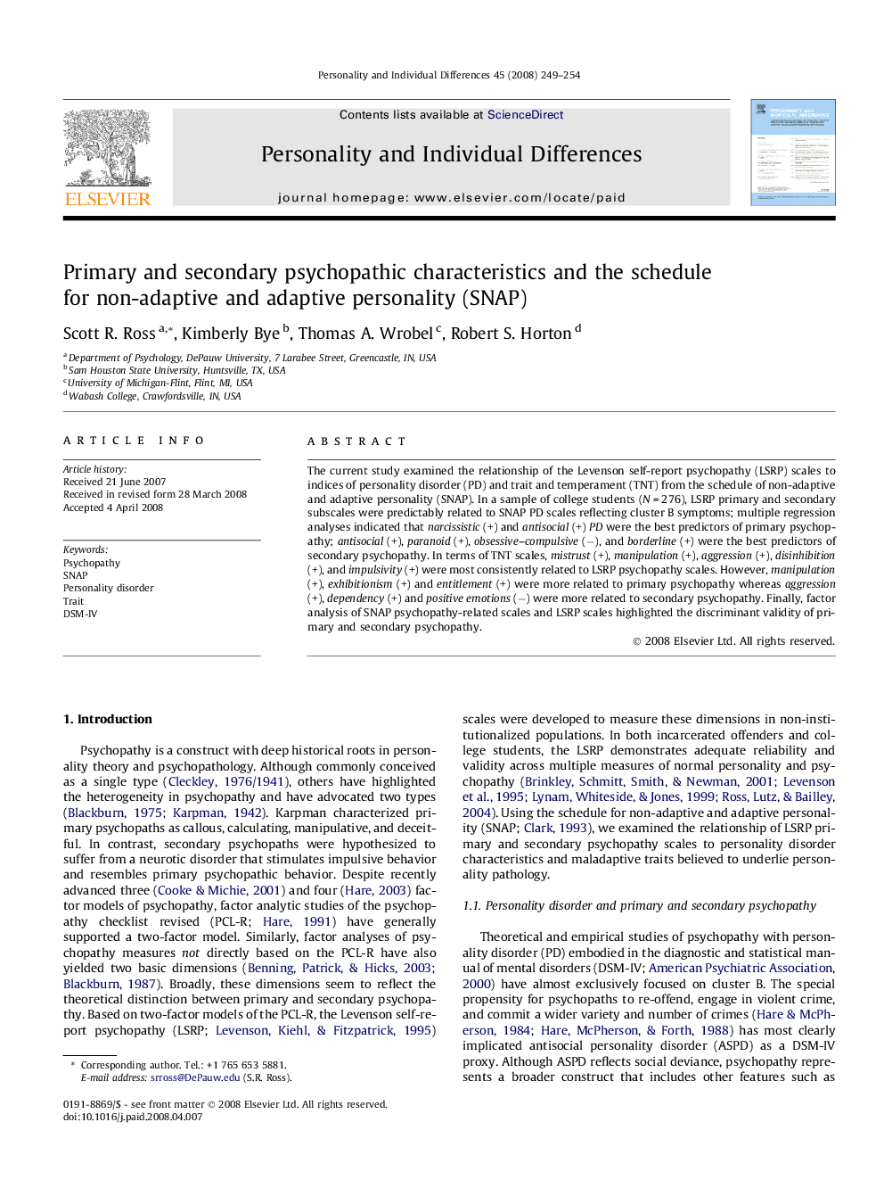 Primary and secondary psychopathic characteristics and the schedule for non-adaptive and adaptive personality (SNAP)