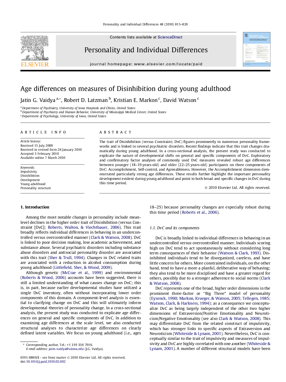 Age differences on measures of Disinhibition during young adulthood