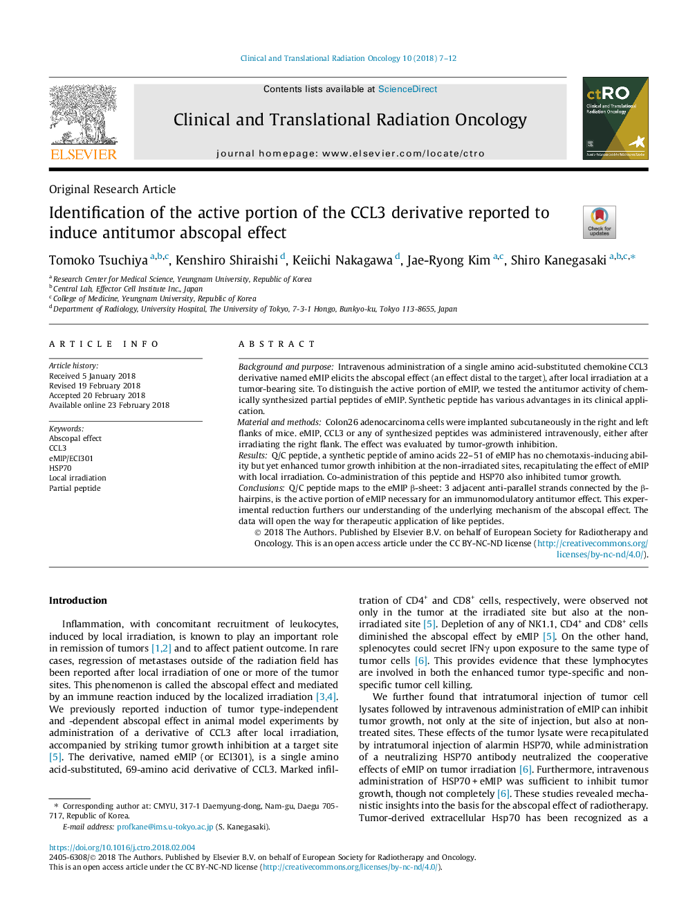 Identification of the active portion of the CCL3 derivative reported to induce antitumor abscopal effect