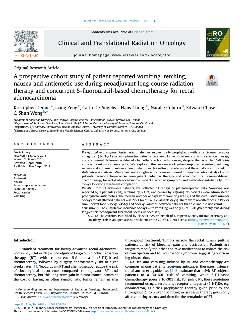 A prospective cohort study of patient-reported vomiting, retching, nausea and antiemetic use during neoadjuvant long-course radiation therapy and concurrent 5-fluorouracil-based chemotherapy for rectal adenocarcinoma