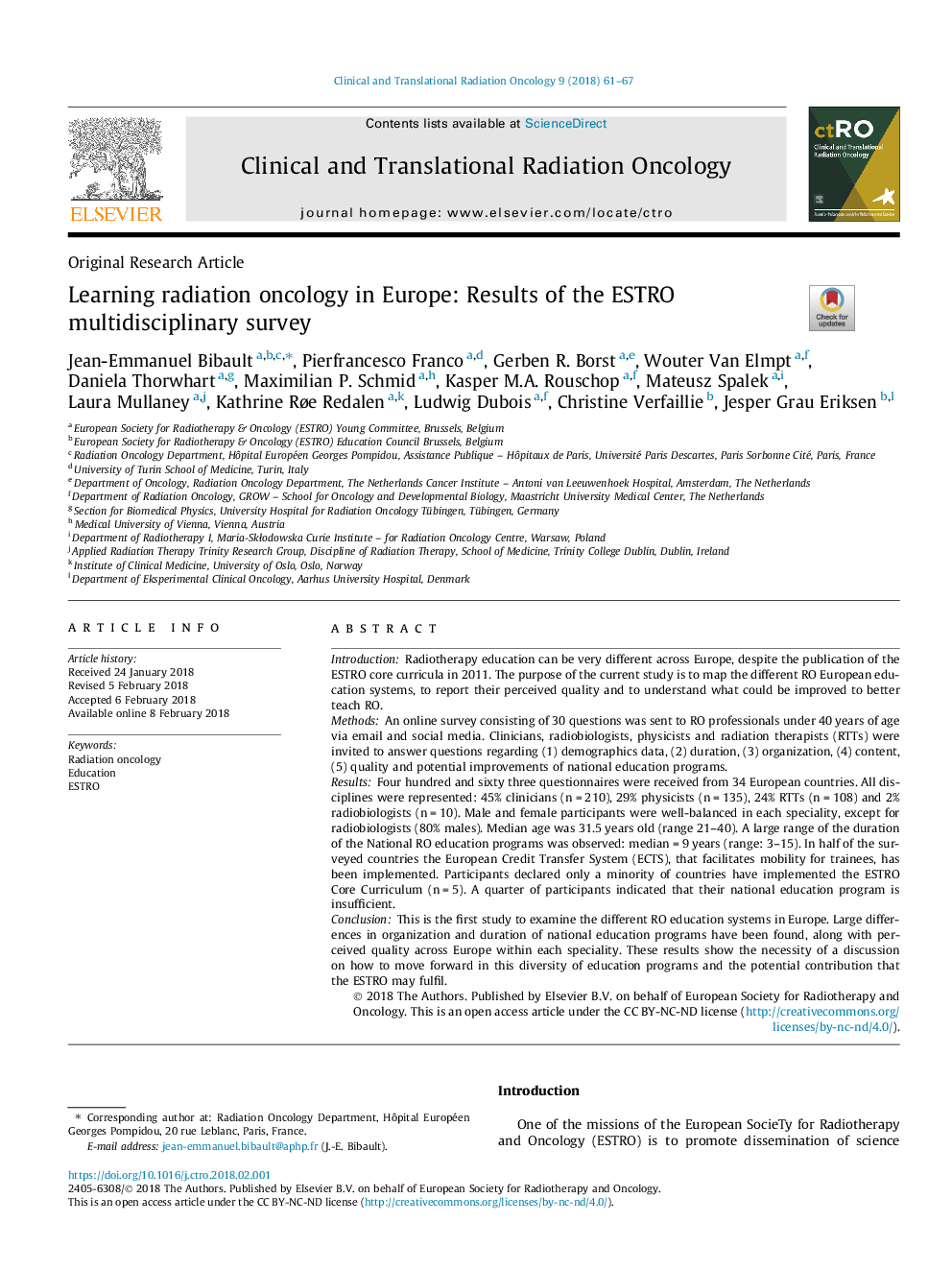 Learning radiation oncology in Europe: Results of the ESTRO multidisciplinary survey