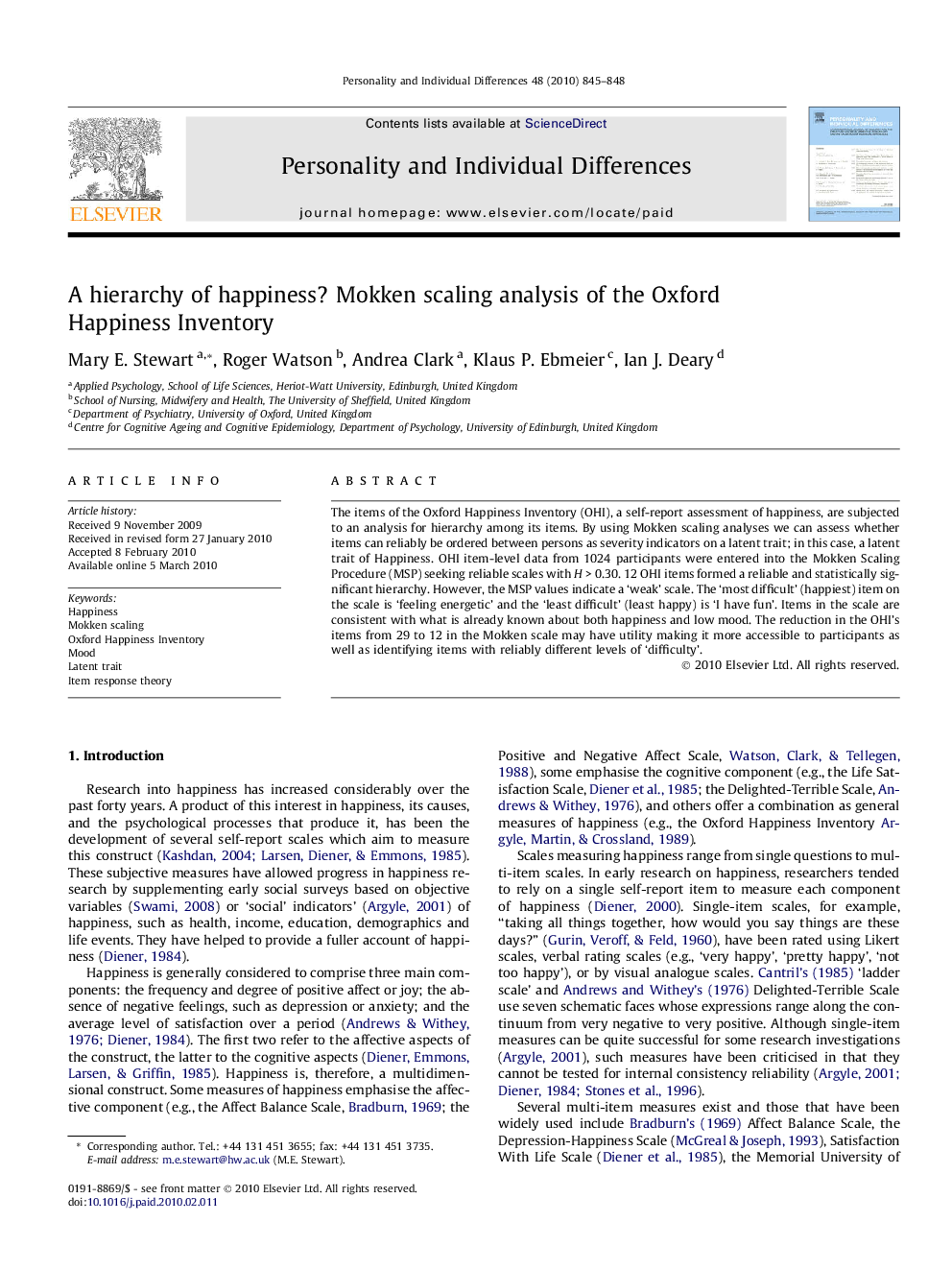 A hierarchy of happiness? Mokken scaling analysis of the Oxford Happiness Inventory