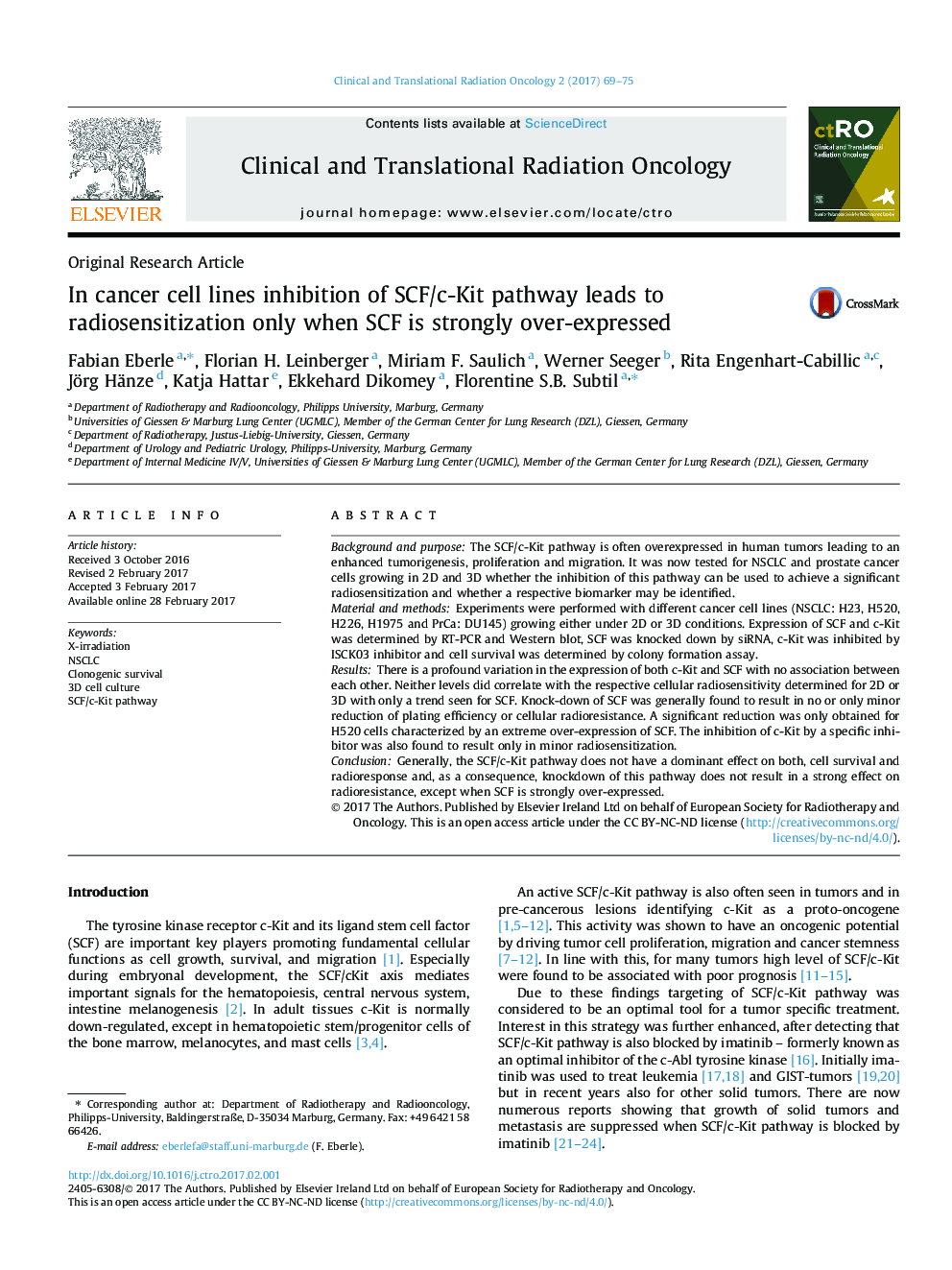 In cancer cell lines inhibition of SCF/c-Kit pathway leads to radiosensitization only when SCF is strongly over-expressed