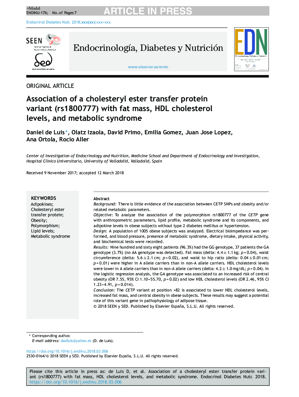 Association of a cholesteryl ester transfer protein variant (rs1800777) with fat mass, HDL cholesterol levels, and metabolic syndrome
