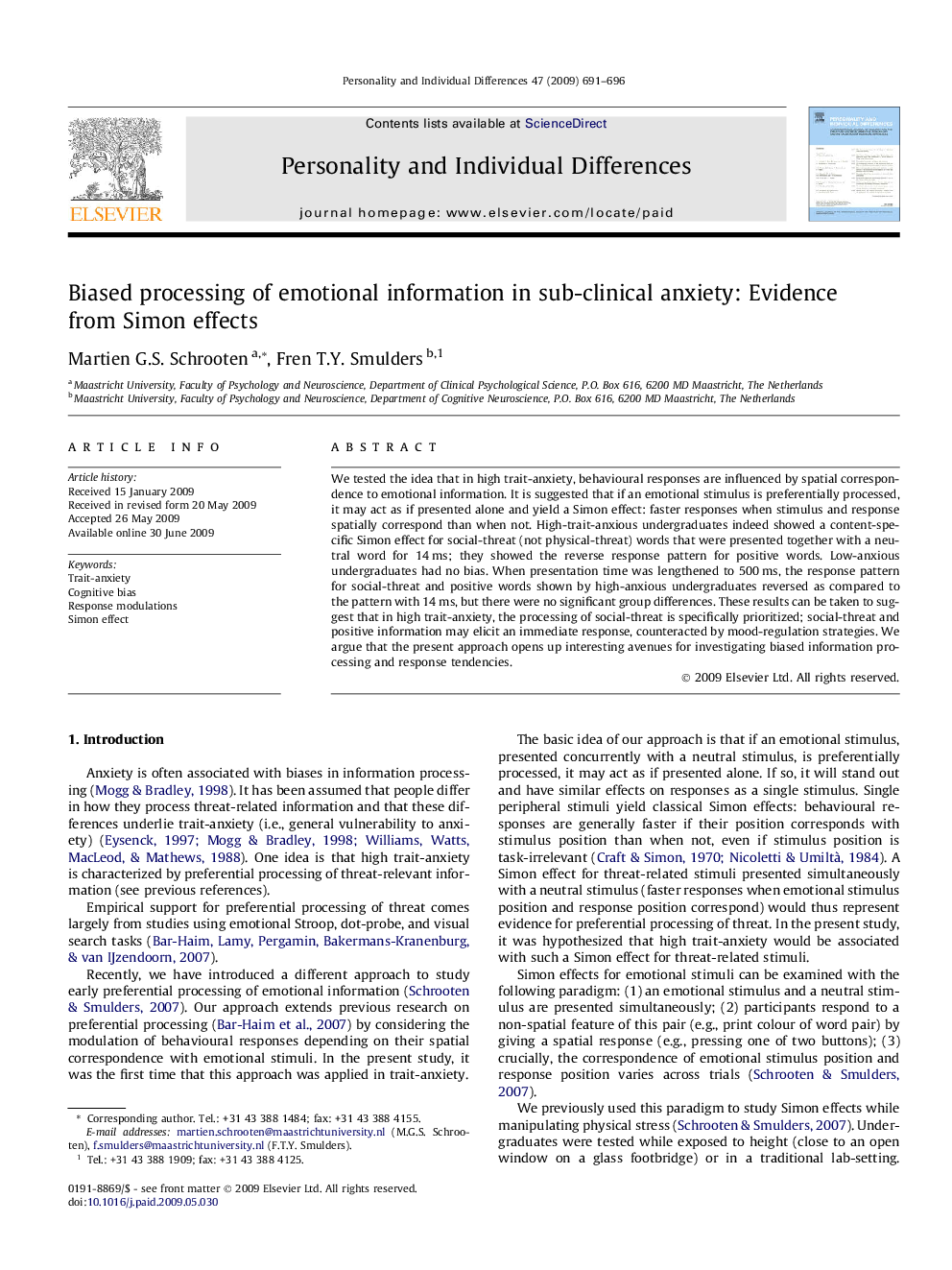 Biased processing of emotional information in sub-clinical anxiety: Evidence from Simon effects