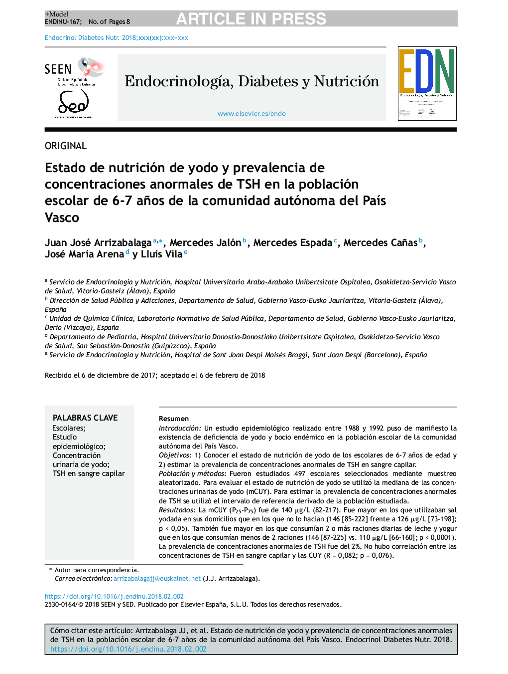 Estado de nutrición de yodo y prevalencia de concentraciones anormales de TSH en la población escolar de 6-7 años de la comunidad autónoma del PaÃ­s Vasco