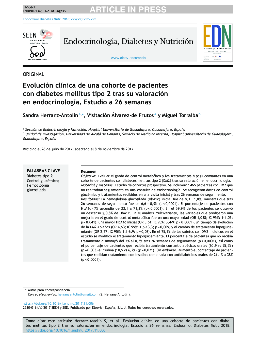 Evolución clÃ­nica de una cohorte de pacientes con diabetes mellitus tipo 2 tras su valoración en endocrinologÃ­a. Estudio a 26 semanas