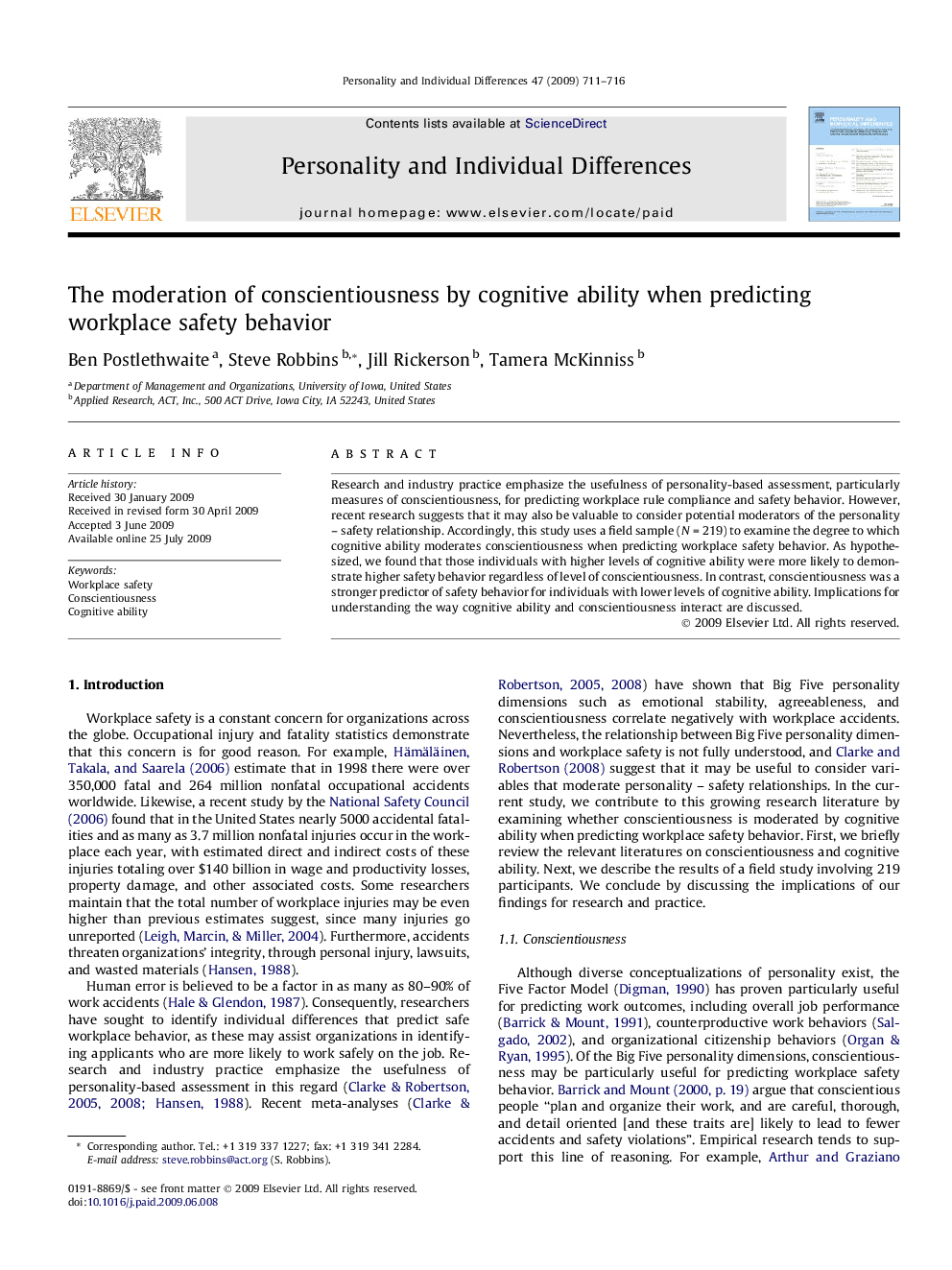 The moderation of conscientiousness by cognitive ability when predicting workplace safety behavior