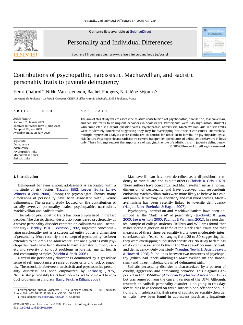 Contributions of psychopathic, narcissistic, Machiavellian, and sadistic personality traits to juvenile delinquency