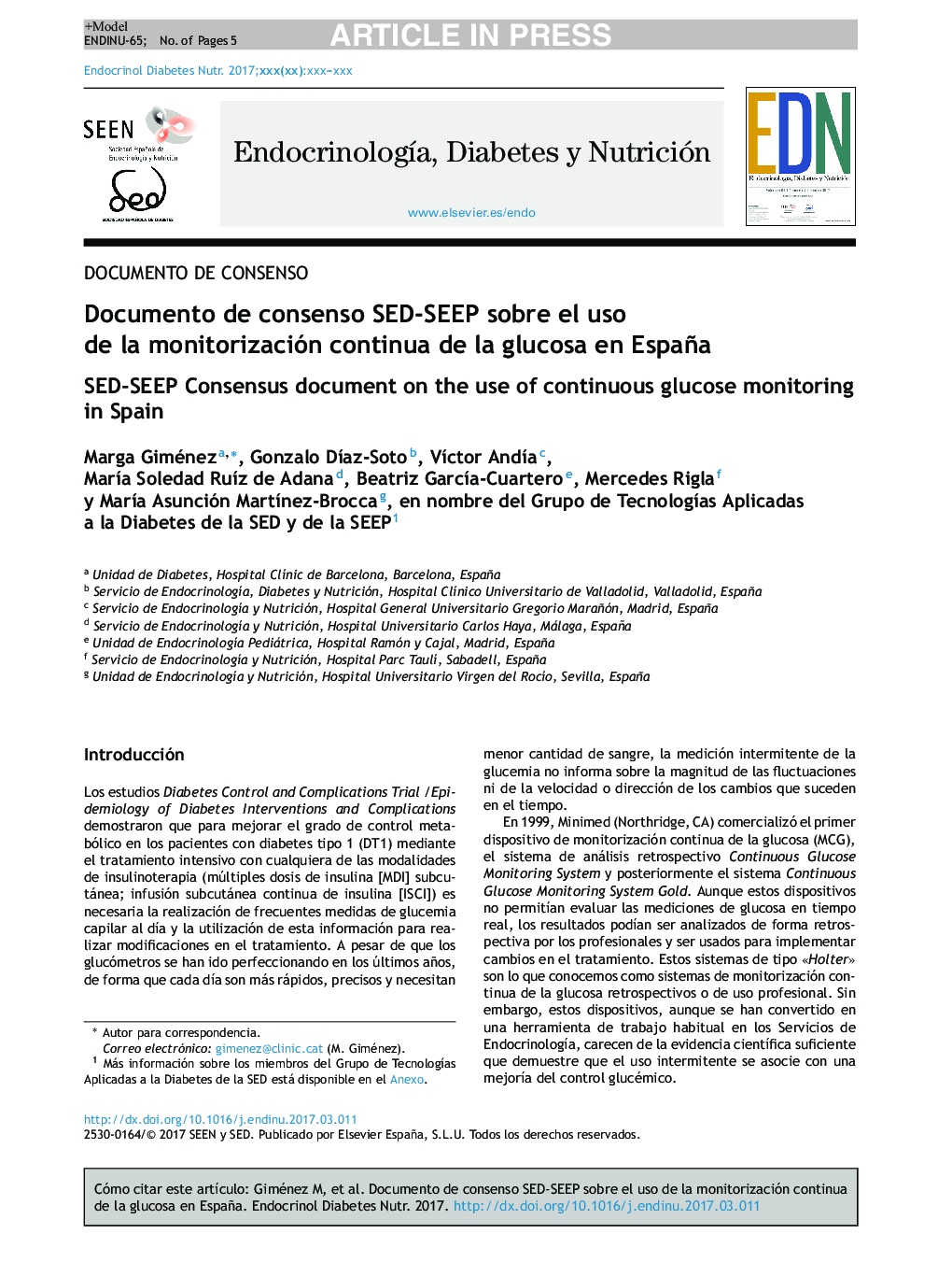 عکس صفحه اول مقاله: Documento de consenso SED-SEEP sobre el uso de la monitorización continua de la glucosa en España Documento de consenso SED-SEEP sobre el uso de la monitorización continua de la glucosa en España