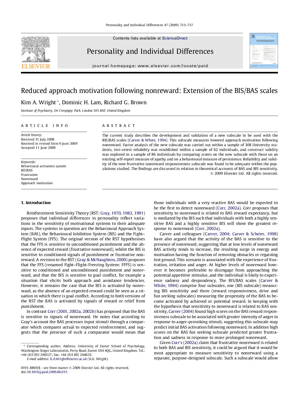 Reduced approach motivation following nonreward: Extension of the BIS/BAS scales