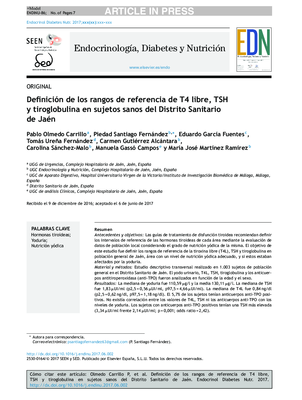 Definición de los rangos de referencia de T4 libre, TSH y tiroglobulina en sujetos sanos del Distrito Sanitario de Jaén