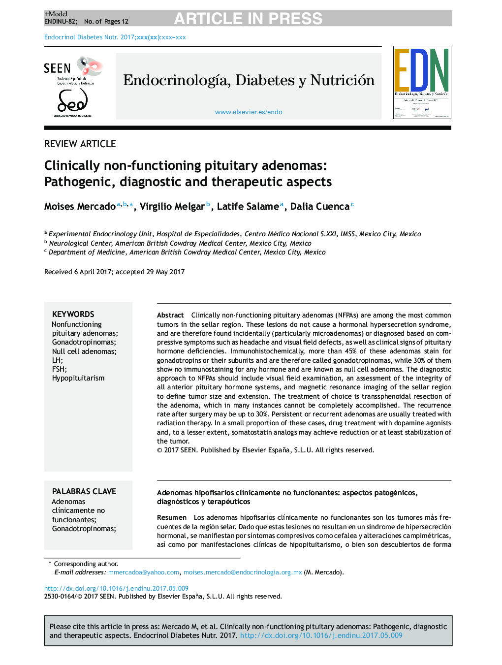 Clinically non-functioning pituitary adenomas: Pathogenic, diagnostic and therapeutic aspects