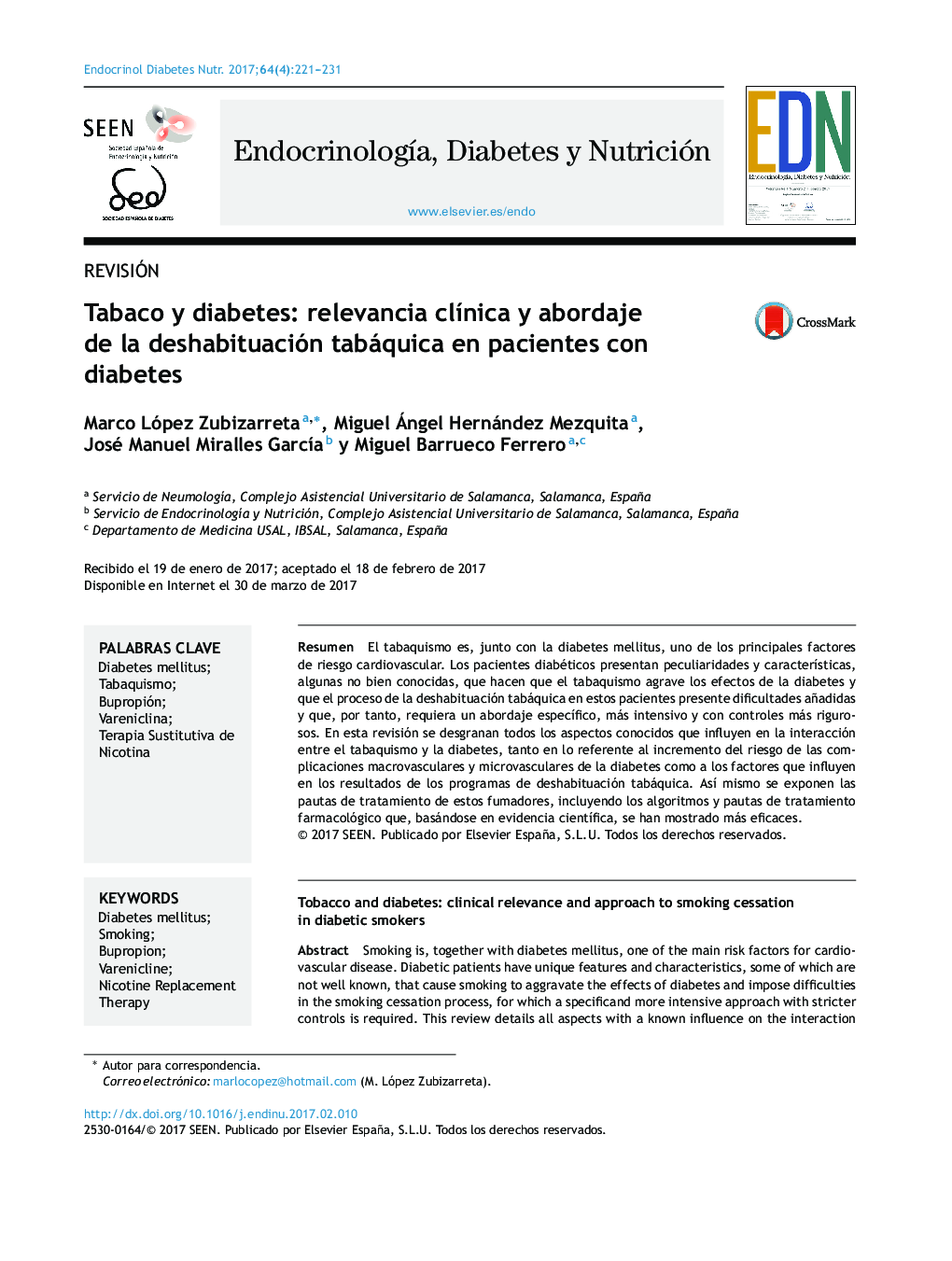 Tabaco y diabetes: relevancia clÃ­nica y abordaje de la deshabituación tabáquica en pacientes con diabetes