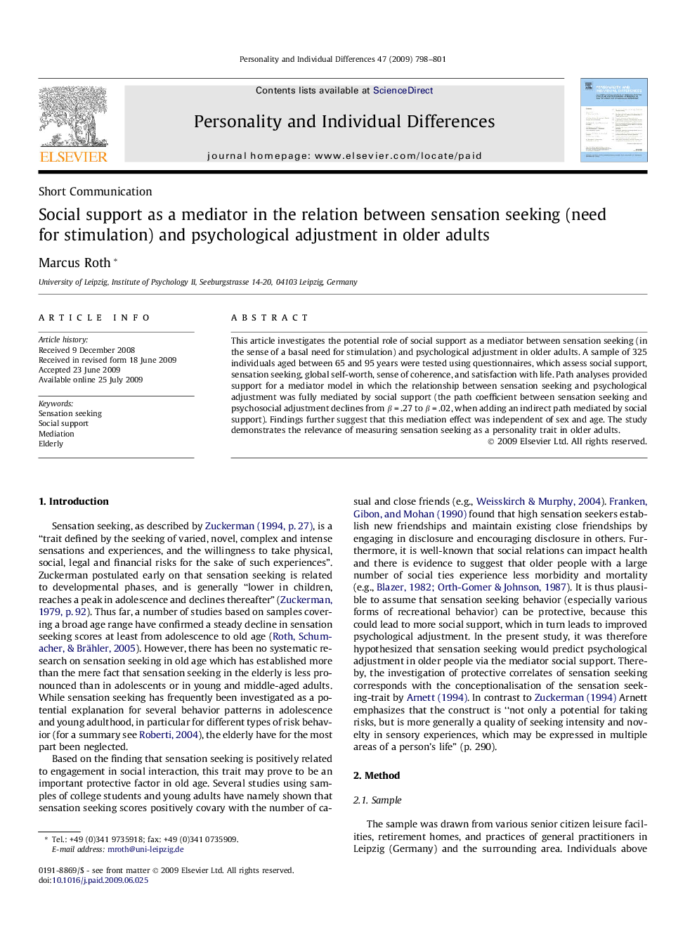 Social support as a mediator in the relation between sensation seeking (need for stimulation) and psychological adjustment in older adults
