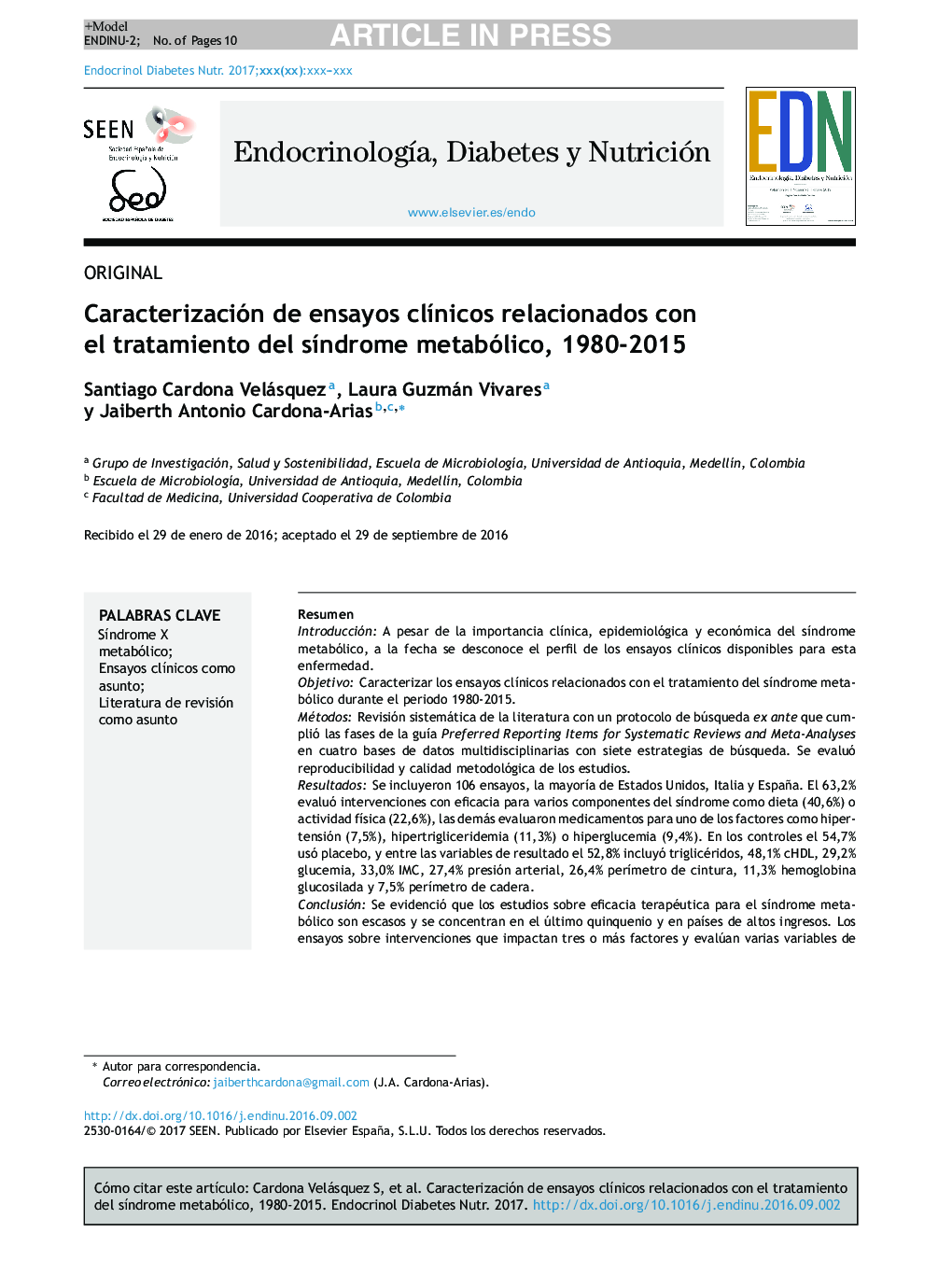 Caracterización de ensayos clÃ­nicos relacionados con el tratamiento del sÃ­ndrome metabólico, 1980-2015