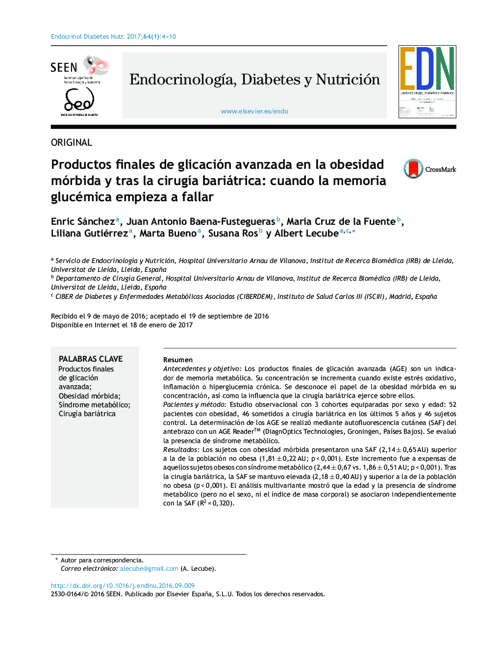 Productos finales de glicación avanzada en la obesidad mórbida y tras la cirugÃ­a bariátrica: cuando la memoria glucémica empieza a fallar