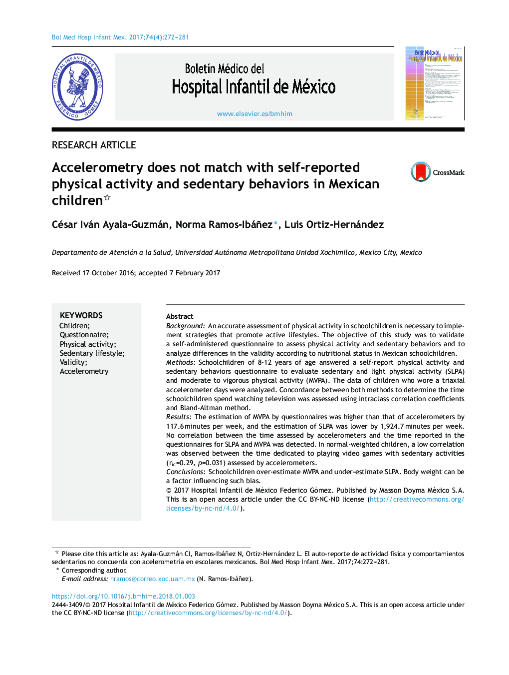 Accelerometry does not match with self-reported physical activity and sedentary behaviors in Mexican children