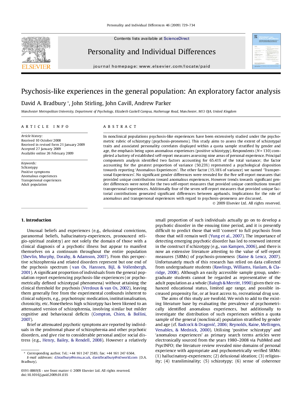 Psychosis-like experiences in the general population: An exploratory factor analysis