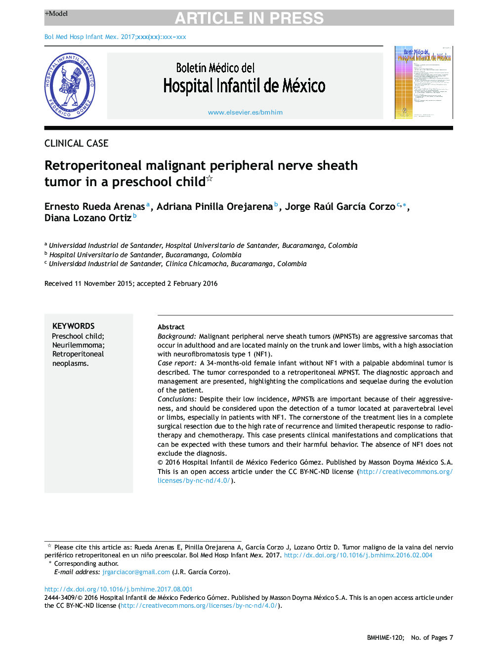 Retroperitoneal malignant peripheral nerve sheath tumor in a preschool child