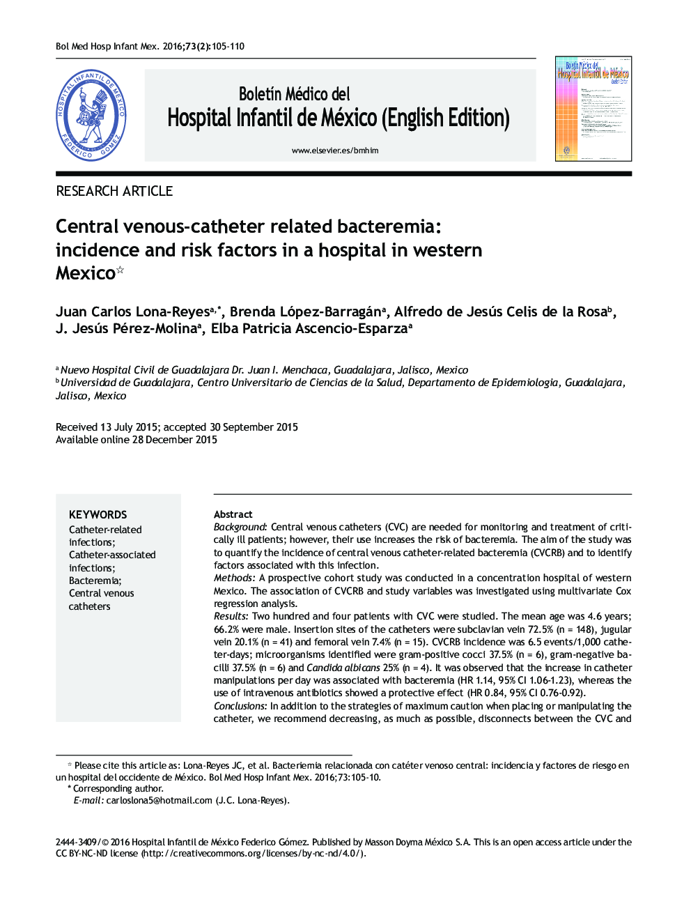 باکتریایی مرتبط با کاتتر مرکزی: شیوع و عوامل خطر در یک بیمارستان در مکزیک غربی 