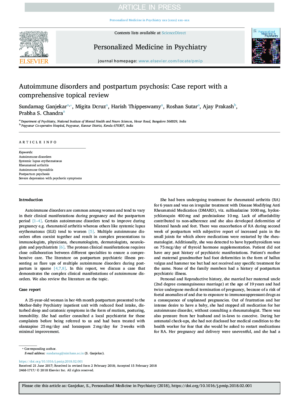 Autoimmune disorders and postpartum psychosis: Case report with a comprehensive topical review