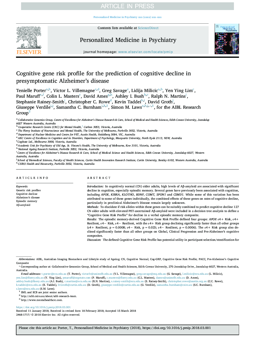 Cognitive gene risk profile for the prediction of cognitive decline in presymptomatic Alzheimer's disease