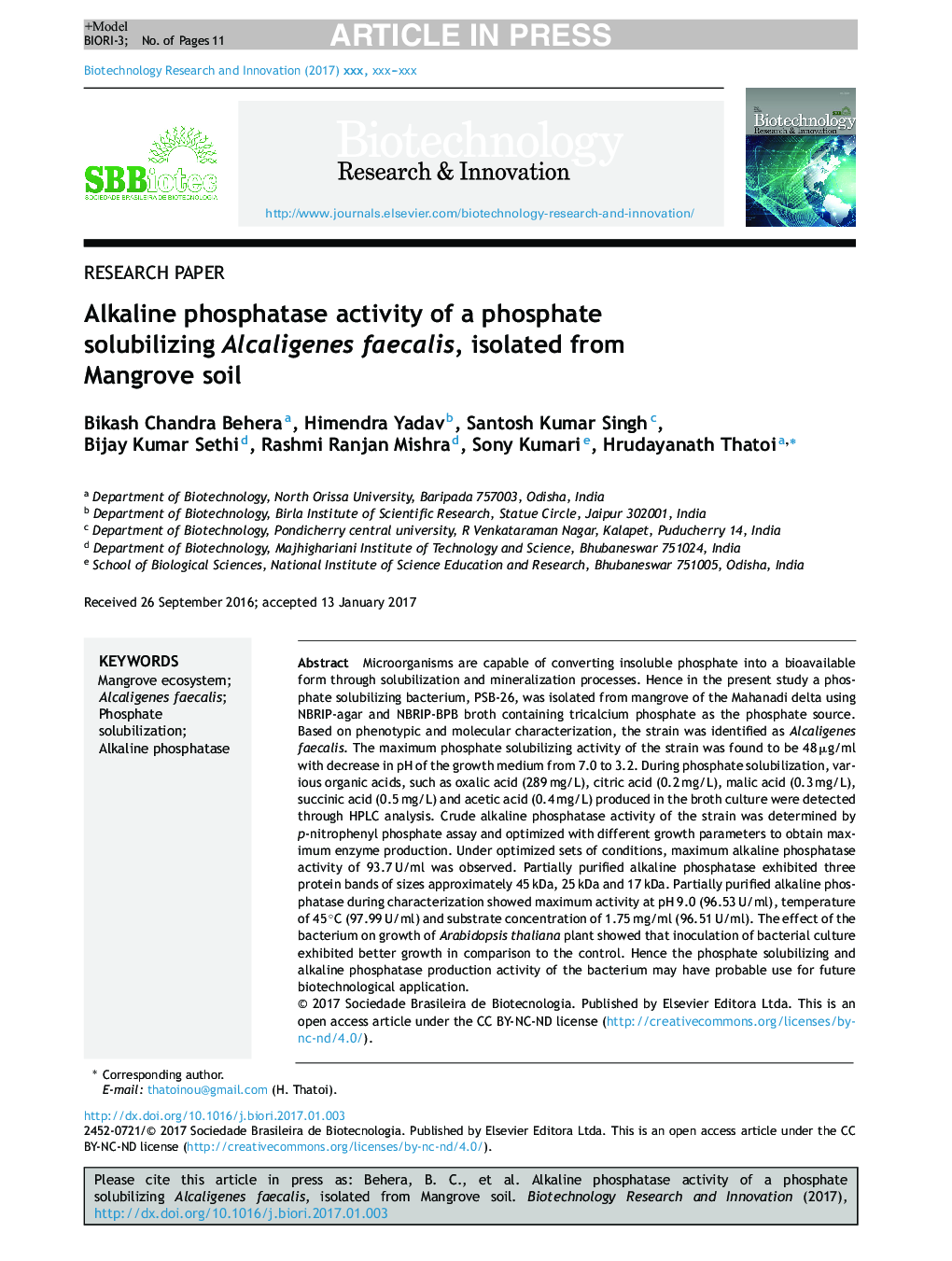 Alkaline phosphatase activity of a phosphate solubilizing Alcaligenes faecalis, isolated from Mangrove soil