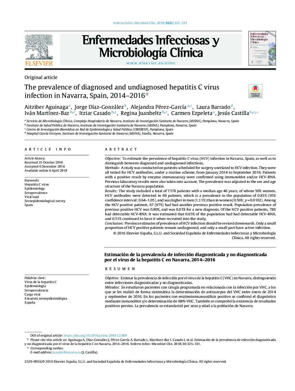 The prevalence of diagnosed and undiagnosed hepatitis C virus infection in Navarra, Spain, 2014-2016