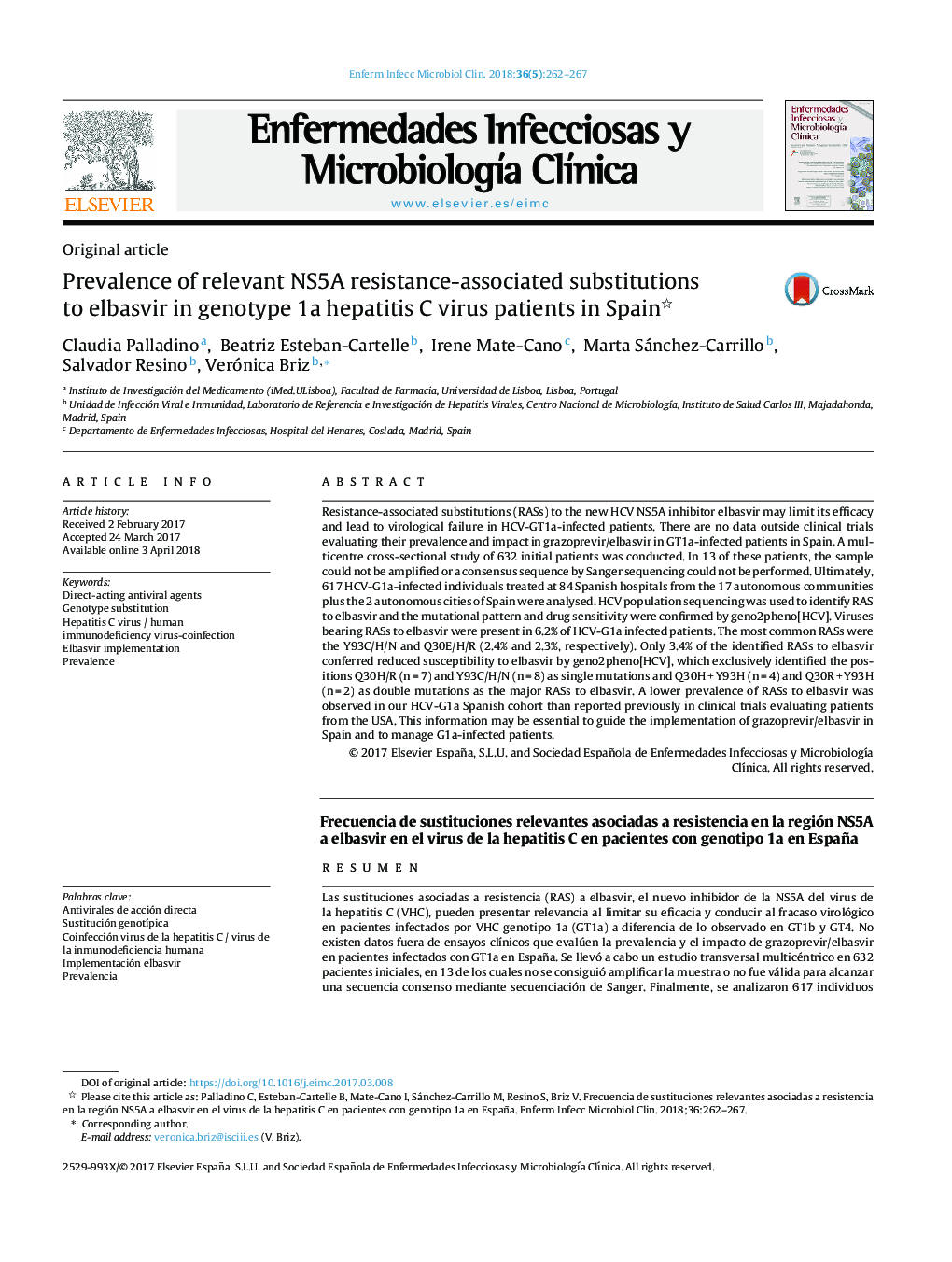 Prevalence of relevant NS5A resistance-associated substitutions to elbasvir in genotype 1a hepatitis C virus patients in Spain